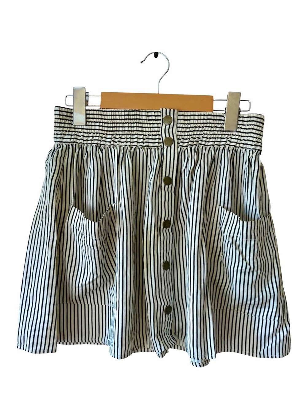 Forever 21 Striped Button Front Mini Skirt White Black Paperbag Waist Pockets